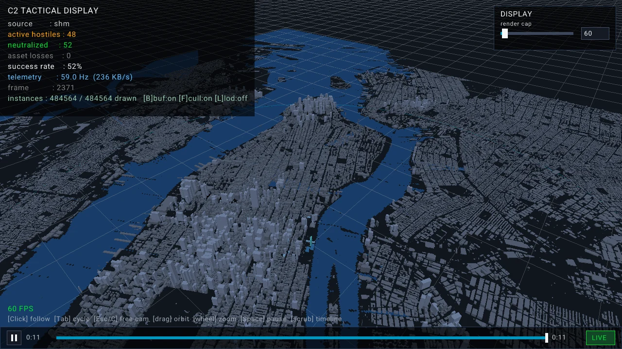 Close view of Midtown Manhattan extruded from OpenStreetMap building footprints at real heights, with the East River in blue and the UN Secretariat marked.